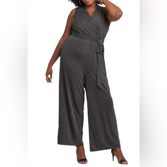 Lane Bryant Women’s Metallic Striped Black Evening Jumpsuit Wide Legged - 18/20 - Picture 1 of 9